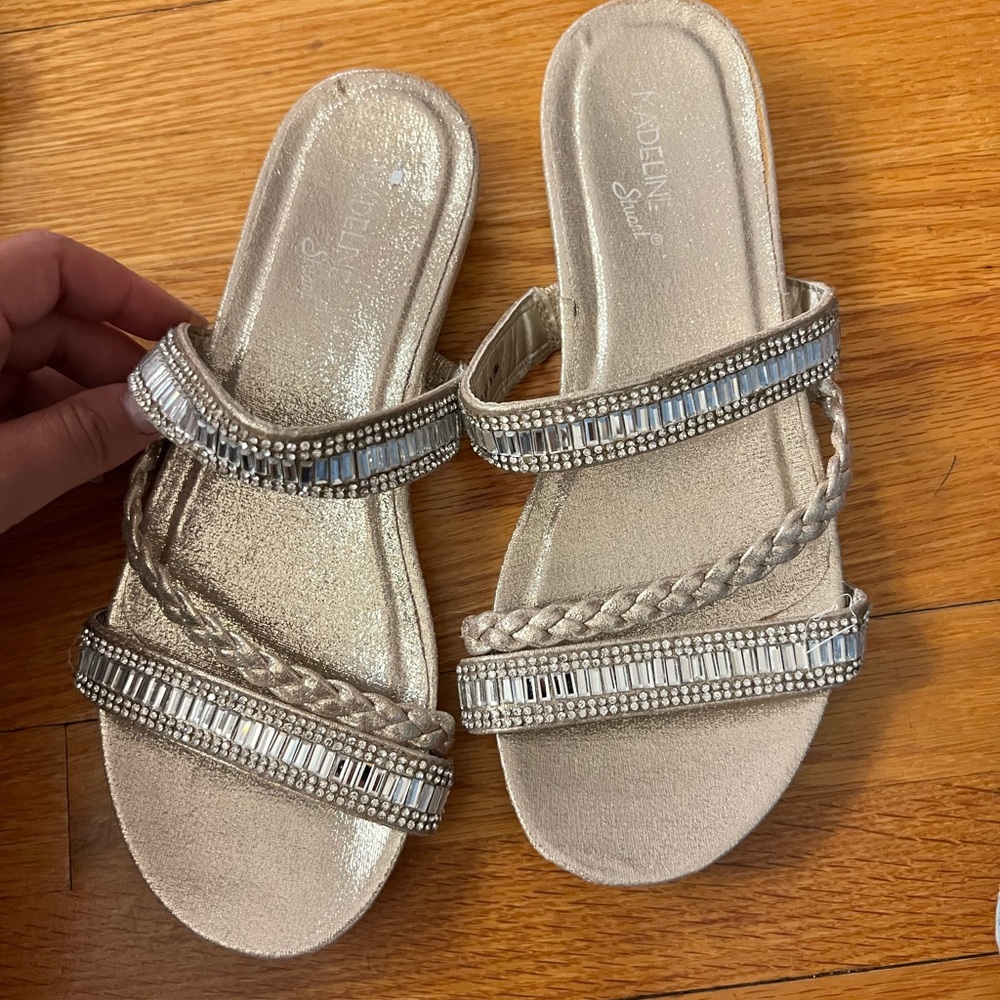 Madeline Silver Rhinestone Sandals Flat Slip-On